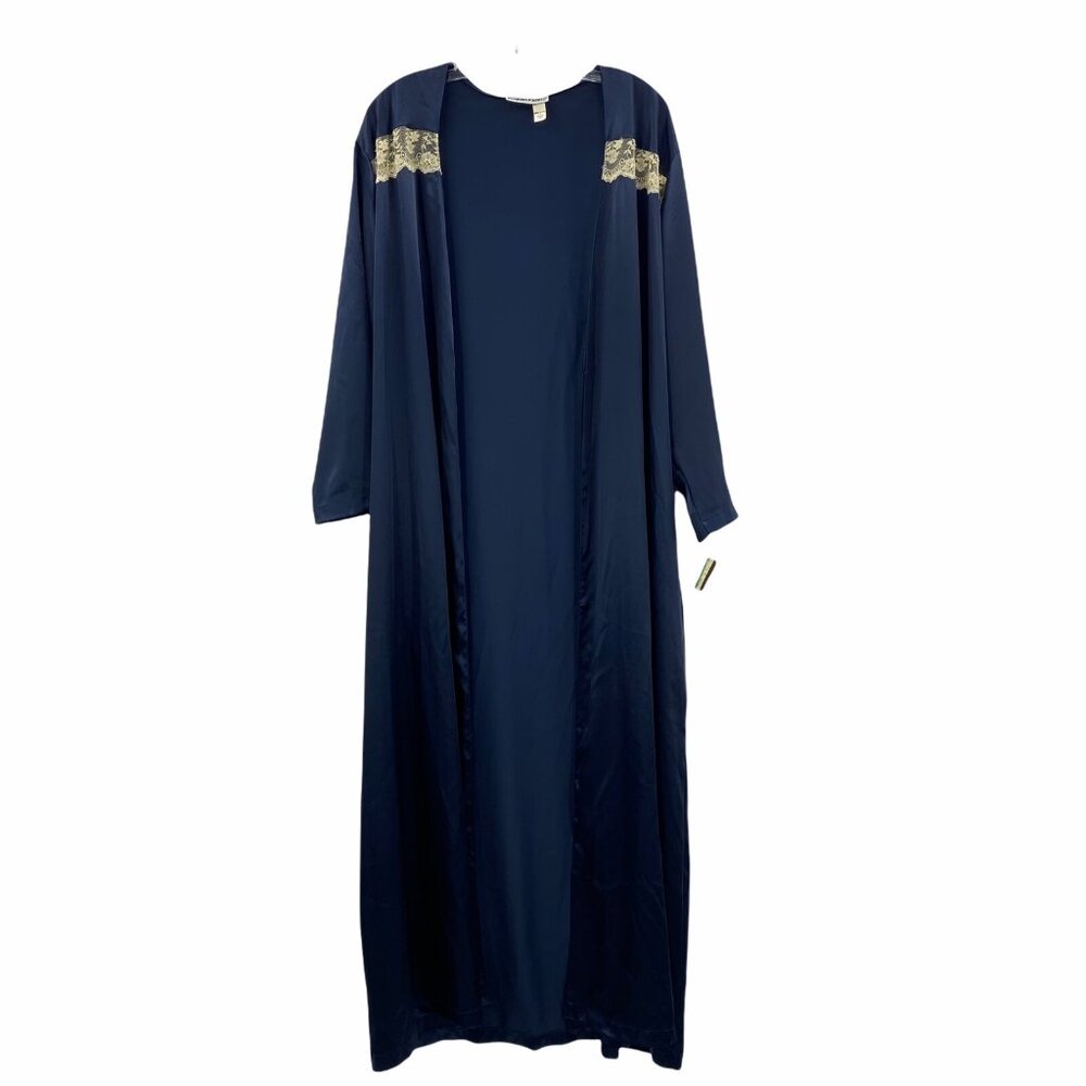Vintage Calvin Klein OS Full Length Robe Navy Glossy Satin 90s Y2K Missing Belt‎